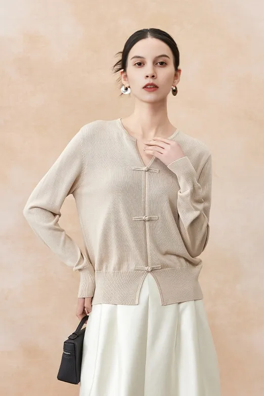 Silk Blend Lightweight Sweater with Ribbed Trims