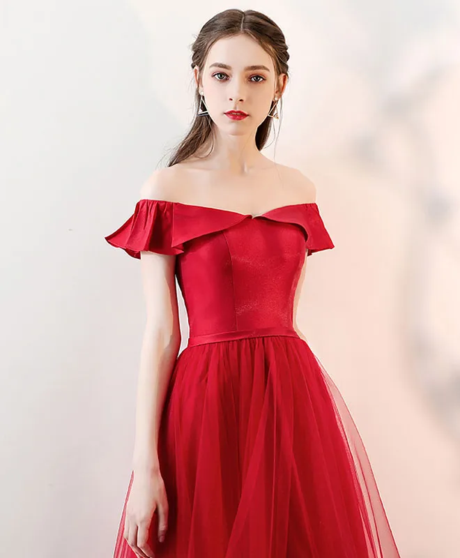 Simple Burgundy Tulle Long Prom Dress, Burgundy Tulle Evening Dress