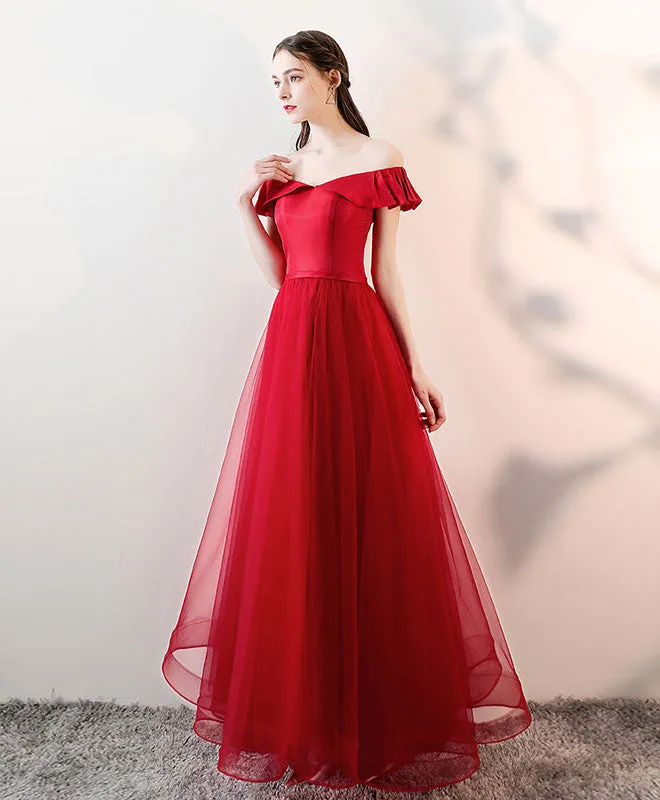 Simple Burgundy Tulle Long Prom Dress, Burgundy Tulle Evening Dress