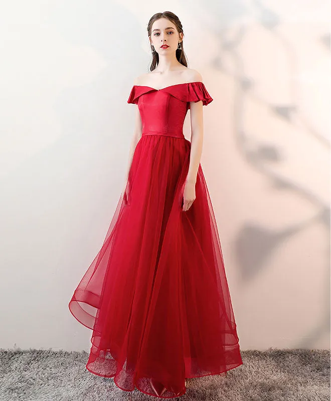 Simple Burgundy Tulle Long Prom Dress, Burgundy Tulle Evening Dress