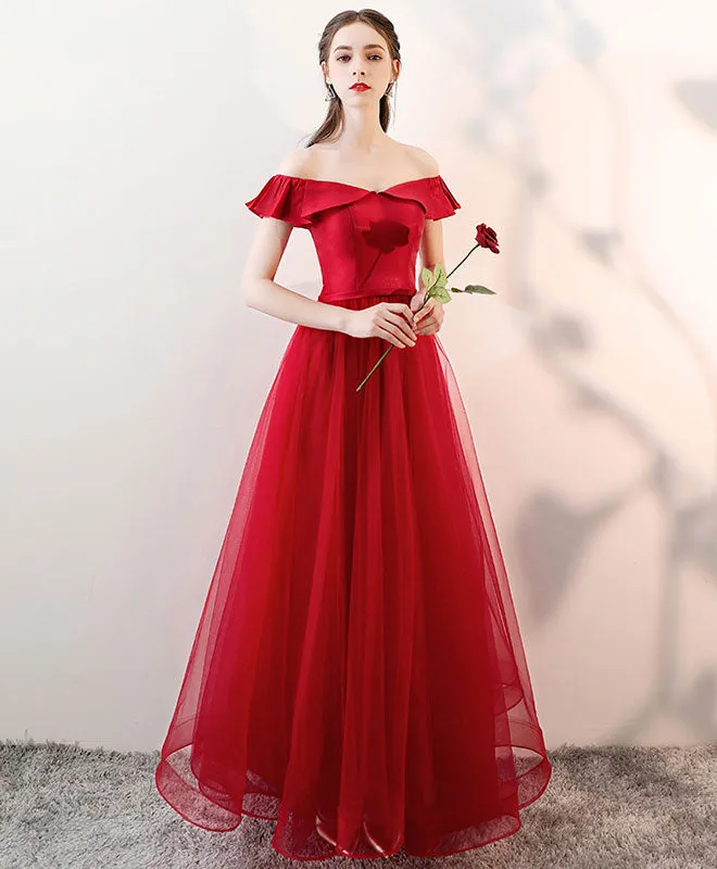 Simple Burgundy Tulle Long Prom Dress, Burgundy Tulle Evening Dress