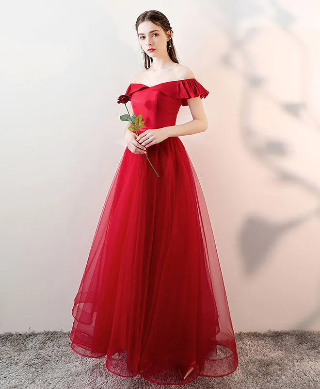 Simple Burgundy Tulle Long Prom Dress, Burgundy Tulle Evening Dress