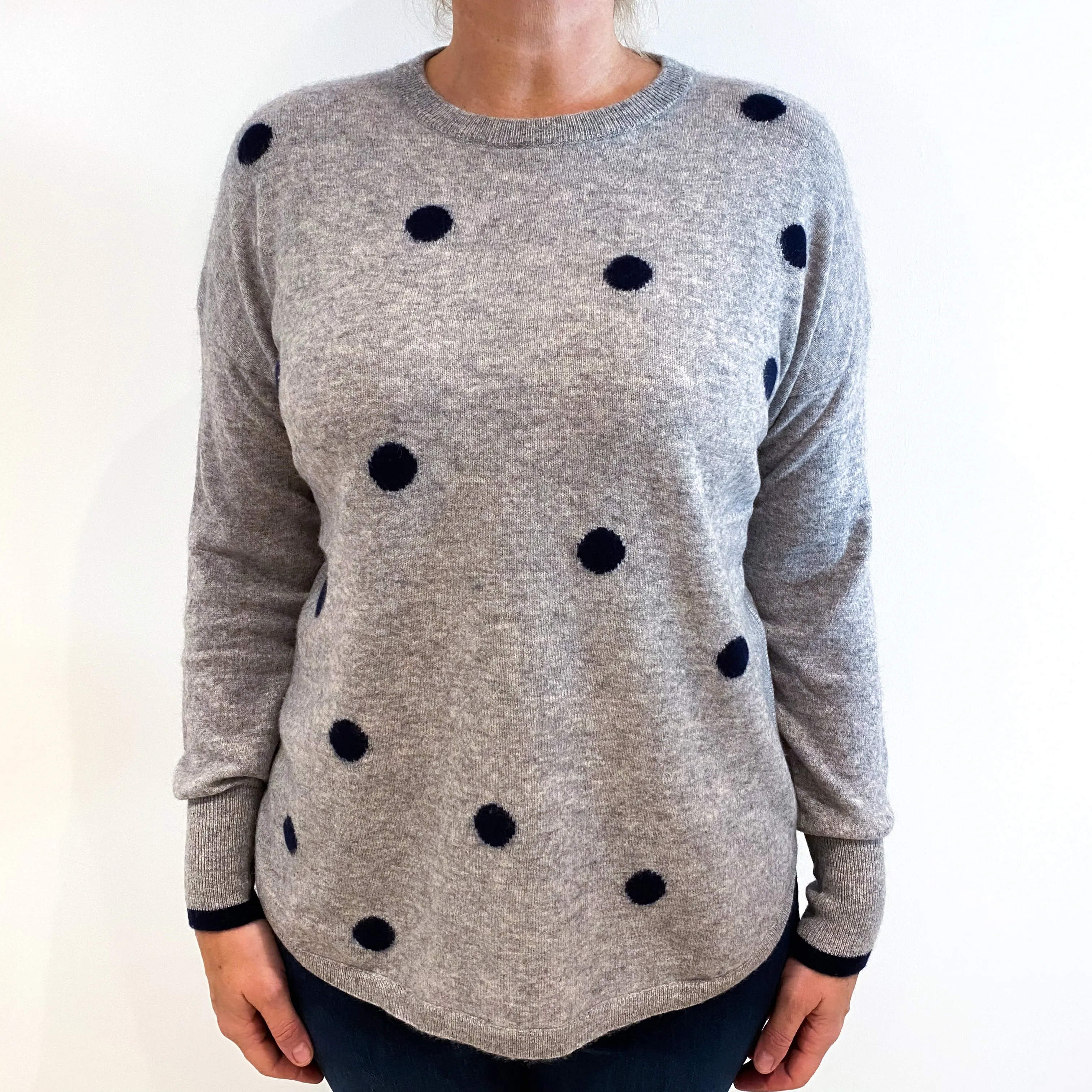 Smoke Grey Navy Spotted Cashmere Crew Neck Jumper Large