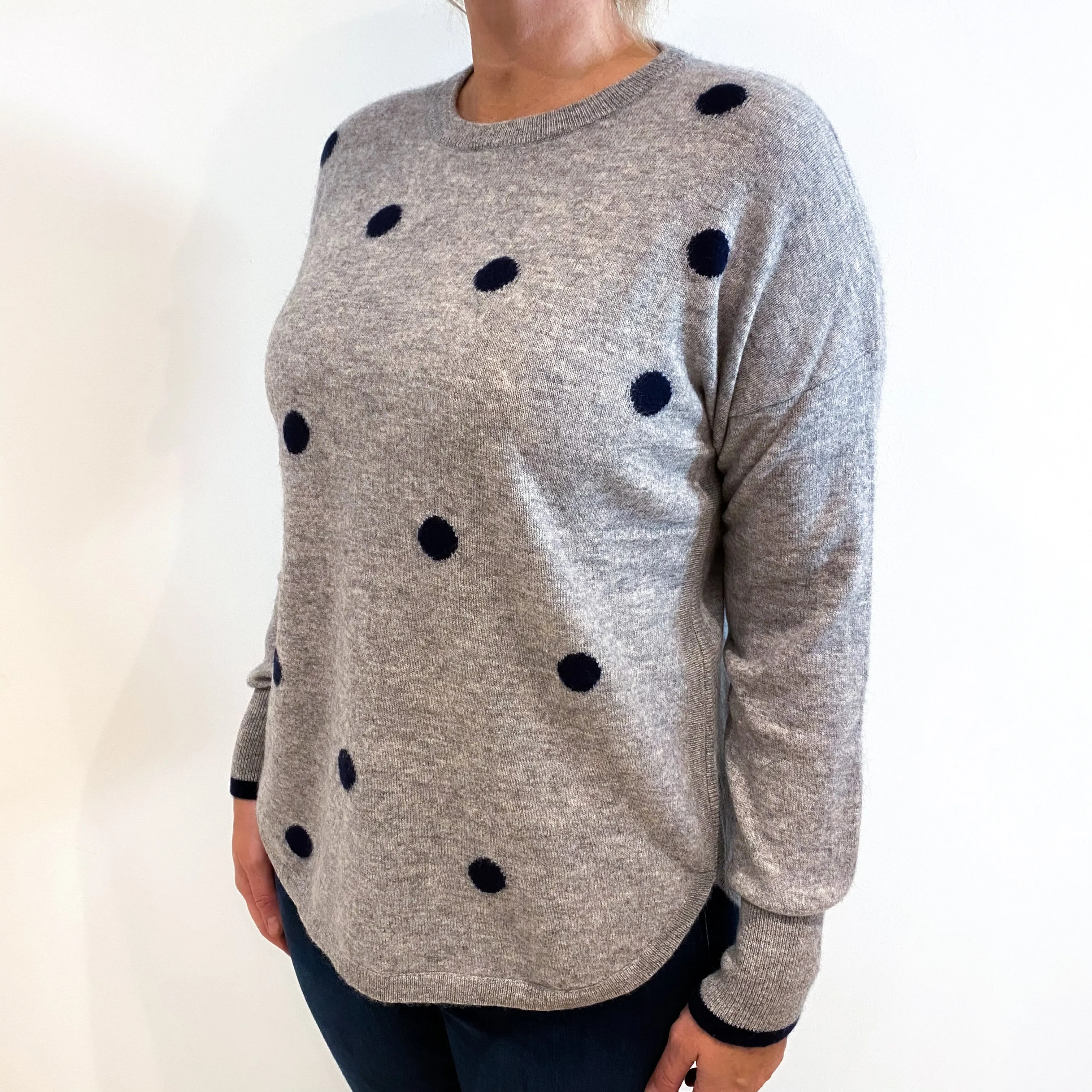 Smoke Grey Navy Spotted Cashmere Crew Neck Jumper Large