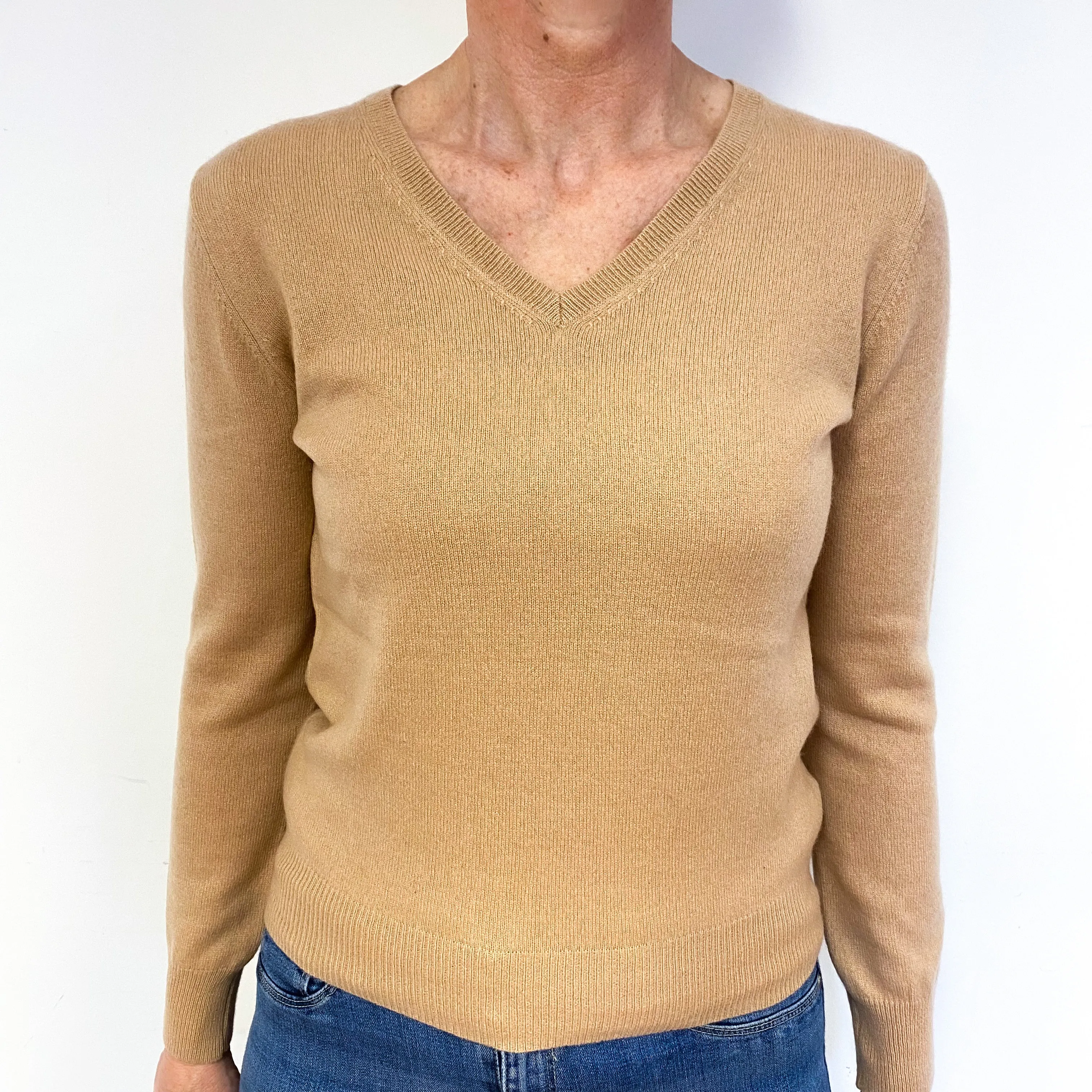 Soft Caramel Brown Cashmere V-Neck Jumper Medium