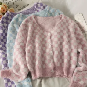Soft Girl Pastel Colors Checkered Cropped Cardigan
