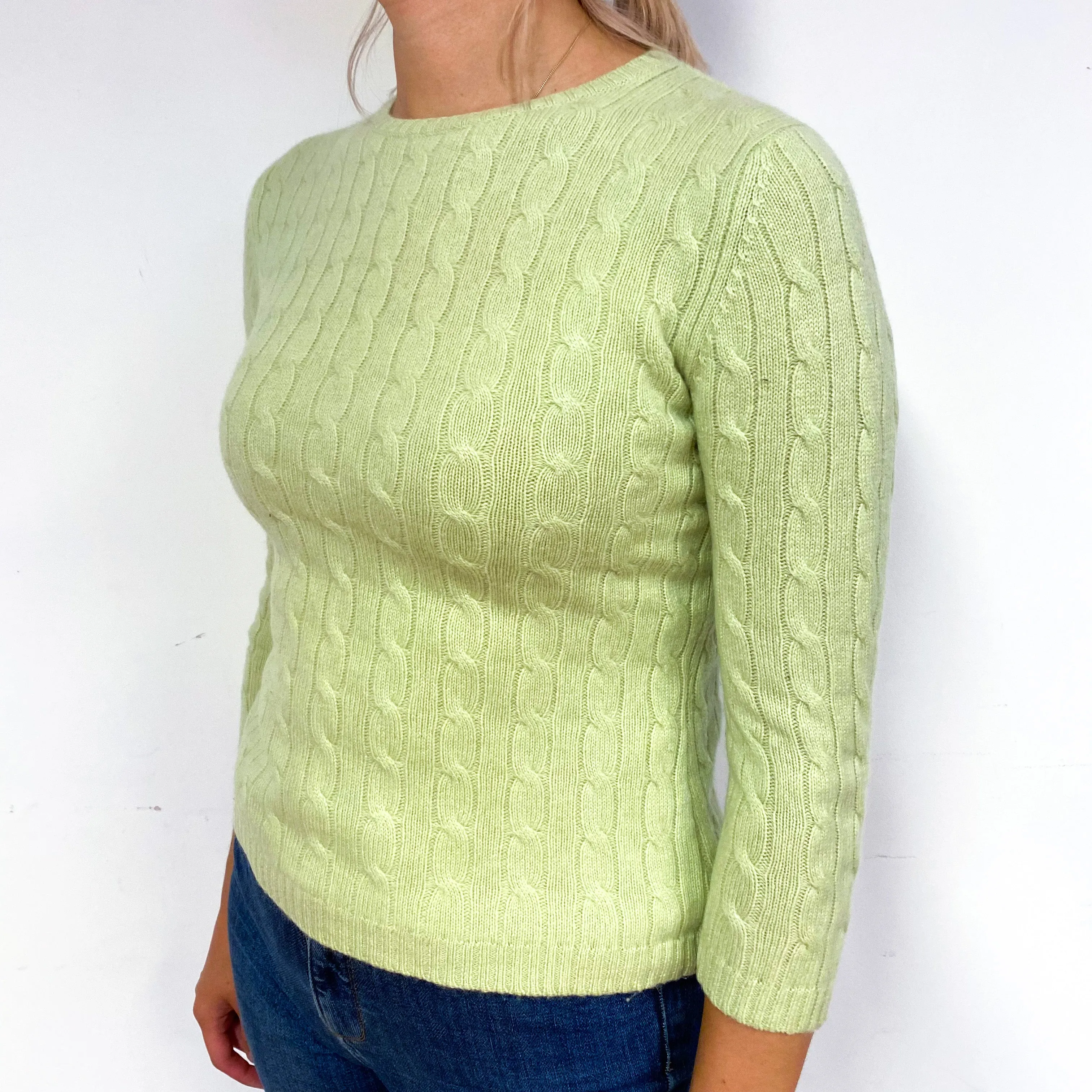Soft Lime Green Cable Cashmere Crew Neck Jumper Small