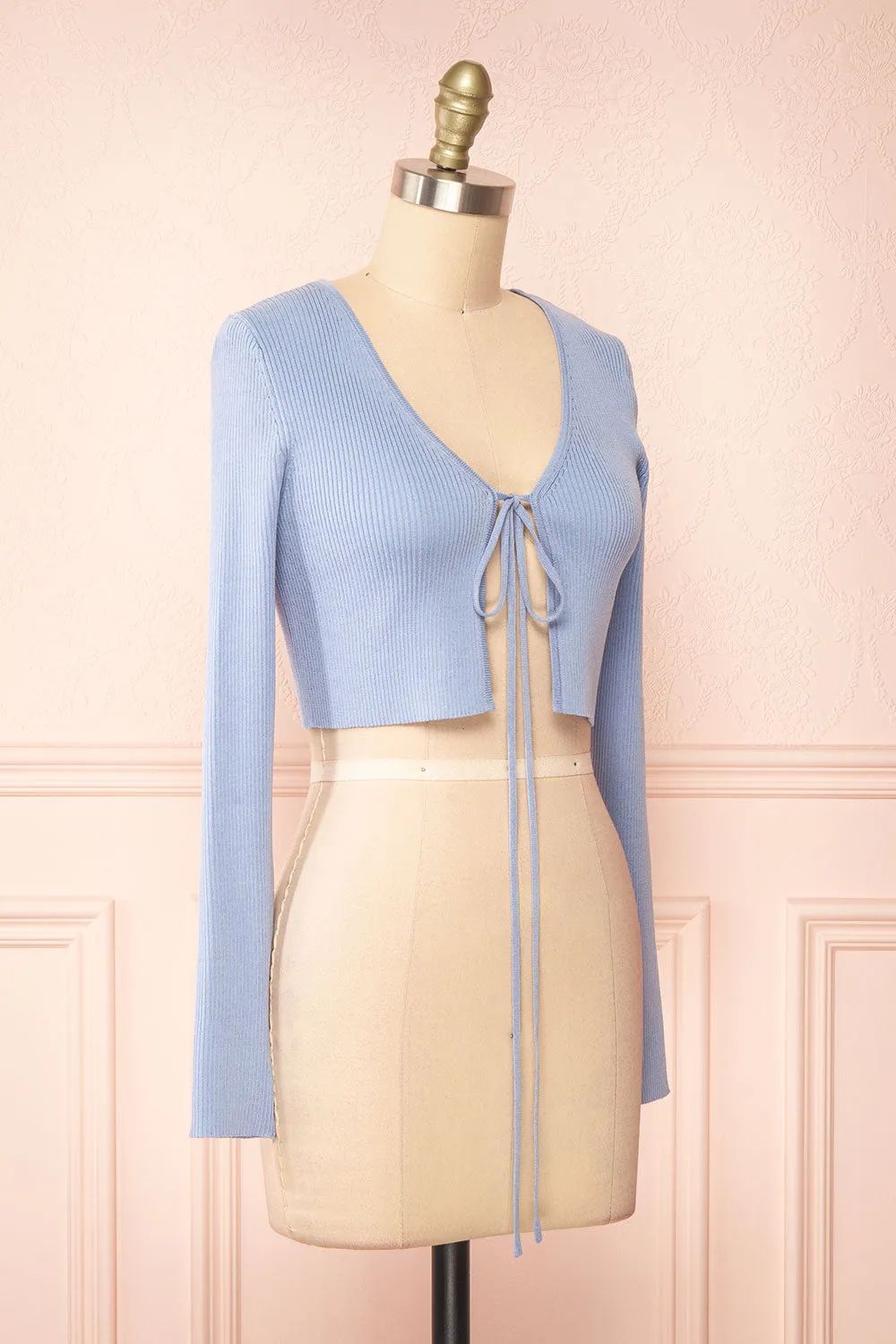 Sorcha | Blue Ribbed Cropped Cardigan w/ Front Tie