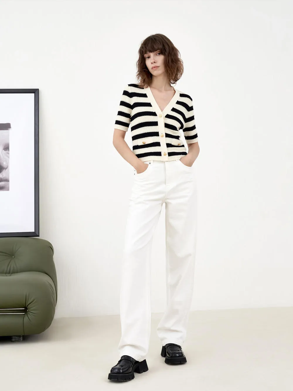 Stripe Cropped Knit Cardigan