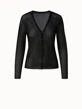 Striped Fitted V-Neck Silk Knit Cardigan