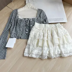 TAVIMART  -  Autumn Japanese Sweet Kawaii Polka Dot 3 Piece Set Women Elegant Y2k Cardigan   Casual Slim Vest   Lace Mini Cake Skirt New