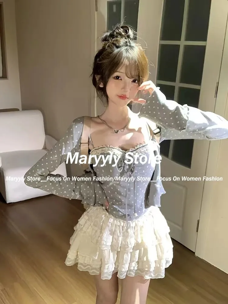 TAVIMART  -  Autumn Japanese Sweet Kawaii Polka Dot 3 Piece Set Women Elegant Y2k Cardigan   Casual Slim Vest   Lace Mini Cake Skirt New