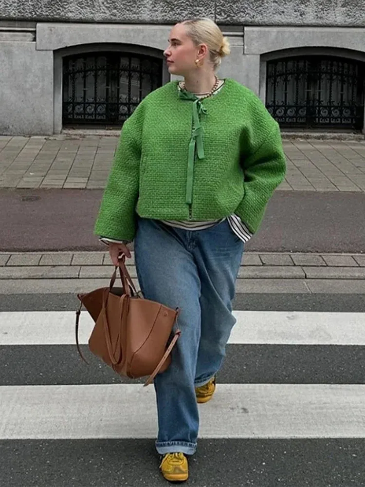 TAVIMART  -  Elegant Women Green Jacket Fashion O Neck Lace Up Long Sleeves Short Cardigan Loose Pocket Lady Commute Street Outwear Tops