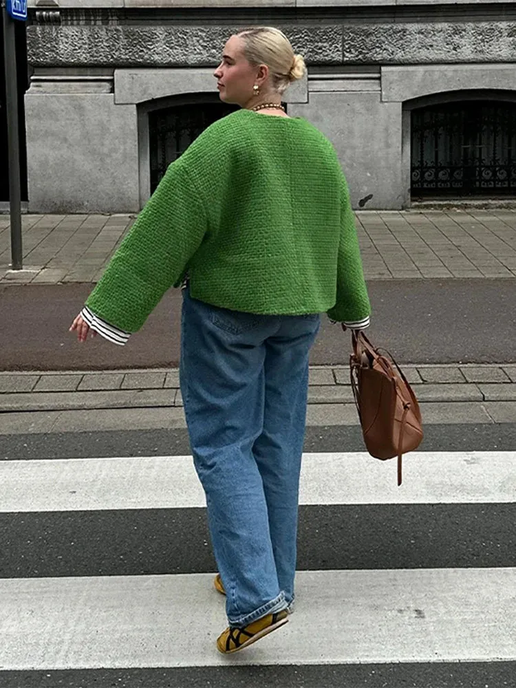 TAVIMART  -  Elegant Women Green Jacket Fashion O Neck Lace Up Long Sleeves Short Cardigan Loose Pocket Lady Commute Street Outwear Tops
