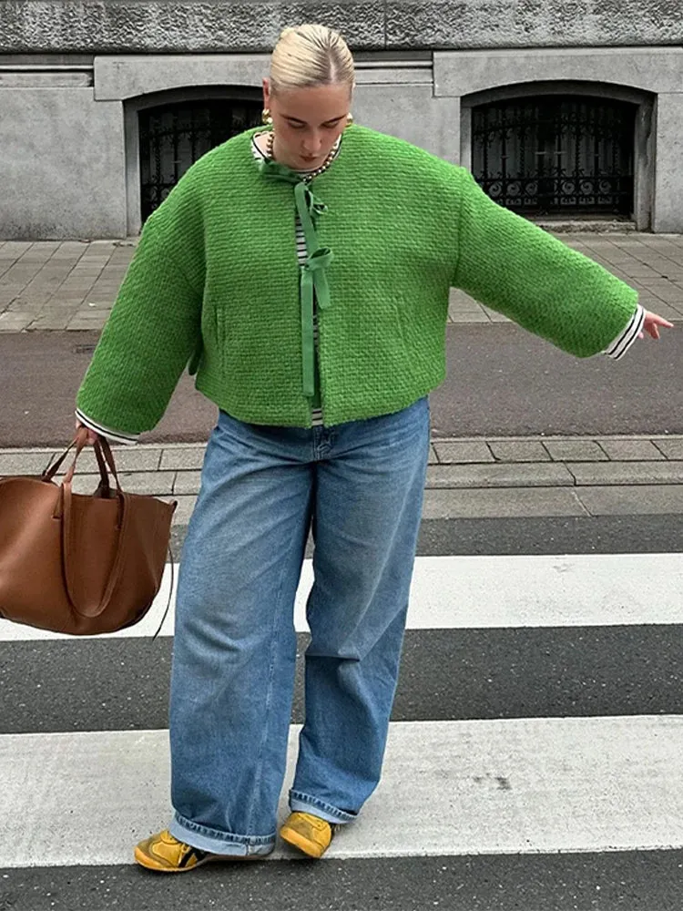 TAVIMART  -  Elegant Women Green Jacket Fashion O Neck Lace Up Long Sleeves Short Cardigan Loose Pocket Lady Commute Street Outwear Tops