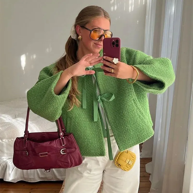 TAVIMART  -  Elegant Women Green Jacket Fashion O Neck Lace Up Long Sleeves Short Cardigan Loose Pocket Lady Commute Street Outwear Tops
