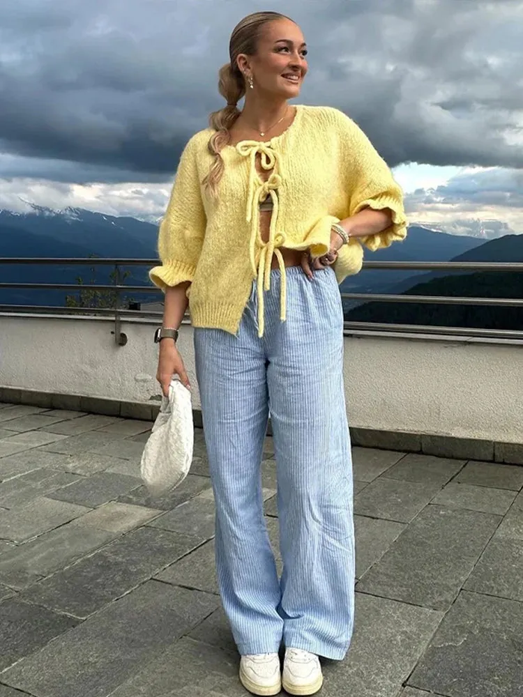 TAVIMART  -  Lace Up Hollow Out Knitting Cardigan New Fashion O-neck Half Sleeve Spring Autumn Lady All-match Knit Sweater Outwear Streetwear