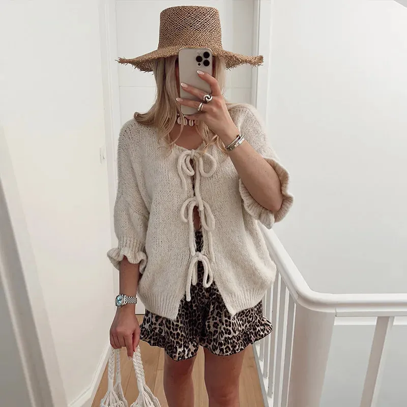TAVIMART  -  Lace Up Hollow Out Knitting Cardigan New Fashion O-neck Half Sleeve Spring Autumn Lady All-match Knit Sweater Outwear Streetwear
