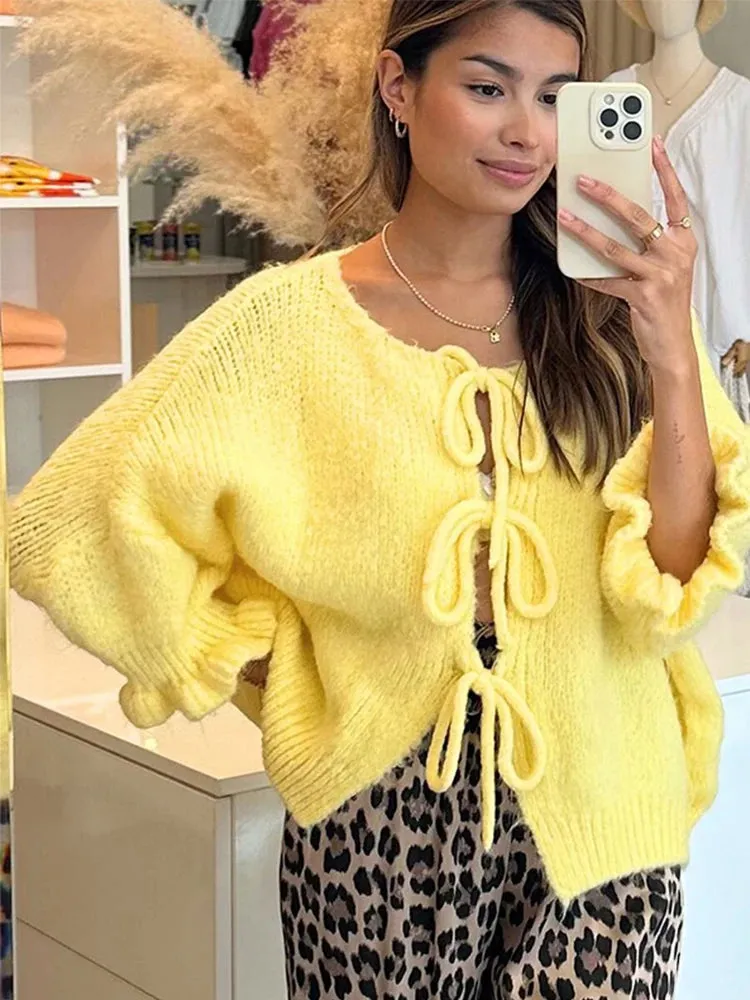 TAVIMART  -  Lace Up Hollow Out Knitting Cardigan New Fashion O-neck Half Sleeve Spring Autumn Lady All-match Knit Sweater Outwear Streetwear