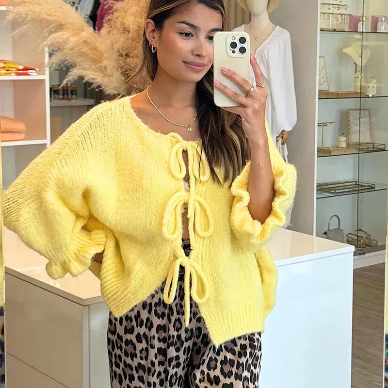 TAVIMART  -  Lace Up Hollow Out Knitting Cardigan New Fashion O-neck Half Sleeve Spring Autumn Lady All-match Knit Sweater Outwear Streetwear