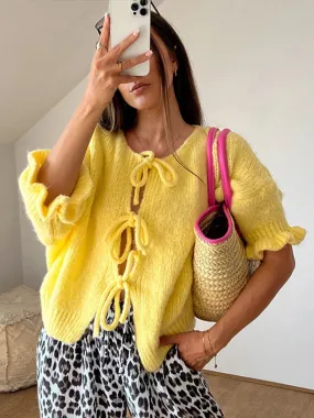 TAVIMART  -  Lace Up Hollow Out Knitting Cardigan New Fashion O-neck Half Sleeve Spring Autumn Lady All-match Knit Sweater Outwear Streetwear