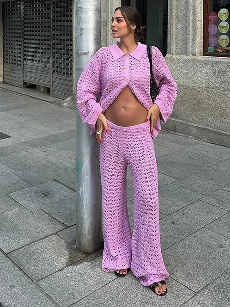 TAVIMART  -   Solid Hollow Out Women Shirt Set Wide Leg High Waist Female Pants Sets Casual Autumn Single Breasted Lady Cardigan Suit