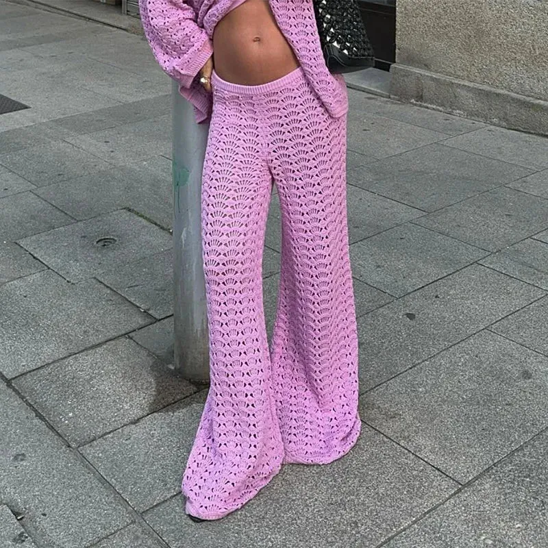 TAVIMART  -   Solid Hollow Out Women Shirt Set Wide Leg High Waist Female Pants Sets Casual Autumn Single Breasted Lady Cardigan Suit