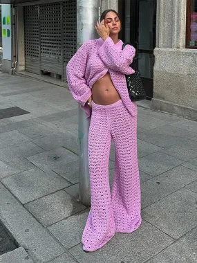 TAVIMART  -   Solid Hollow Out Women Shirt Set Wide Leg High Waist Female Pants Sets Casual Autumn Single Breasted Lady Cardigan Suit