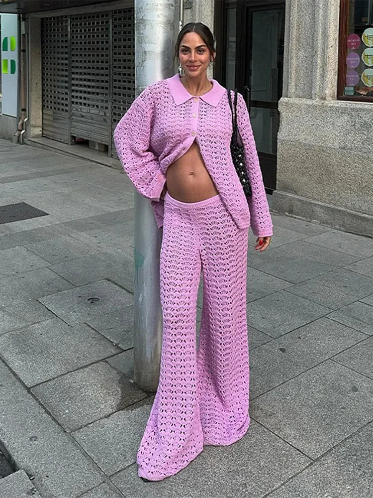 TAVIMART  -   Solid Hollow Out Women Shirt Set Wide Leg High Waist Female Pants Sets Casual Autumn Single Breasted Lady Cardigan Suit