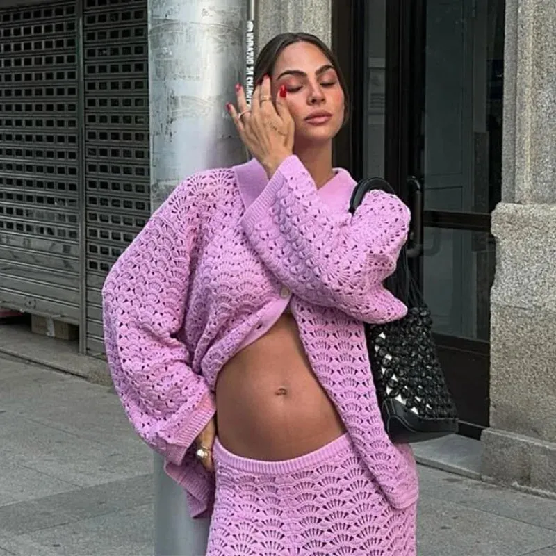 TAVIMART  -   Solid Hollow Out Women Shirt Set Wide Leg High Waist Female Pants Sets Casual Autumn Single Breasted Lady Cardigan Suit