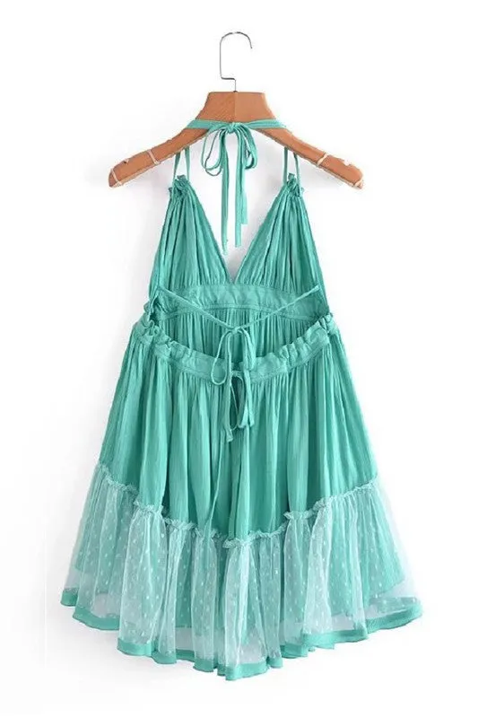 Teal and Mint Ruffle Tie Slip Dress