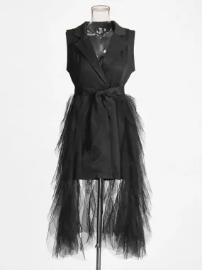 Tyla Notched Collar Sleeveless High Waist Patchwork Mesh Dress