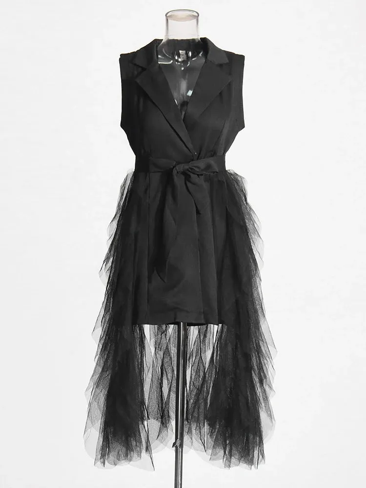 Tyla Notched Collar Sleeveless High Waist Patchwork Mesh Dress
