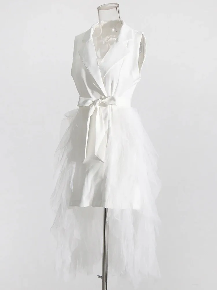 Tyla Notched Collar Sleeveless High Waist Patchwork Mesh Dress