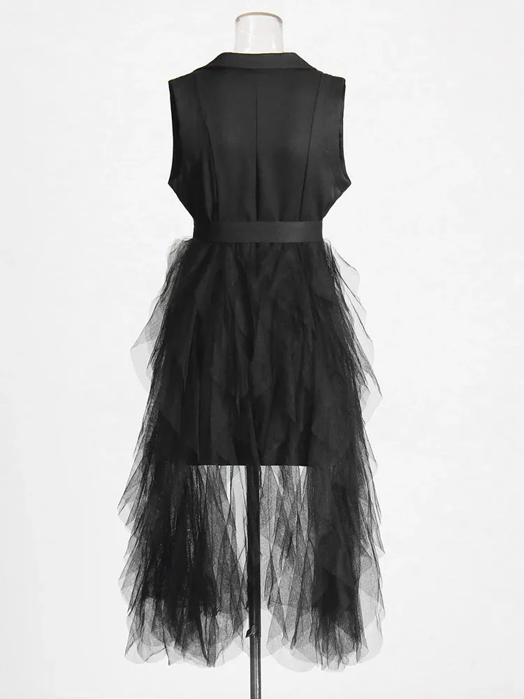 Tyla Notched Collar Sleeveless High Waist Patchwork Mesh Dress