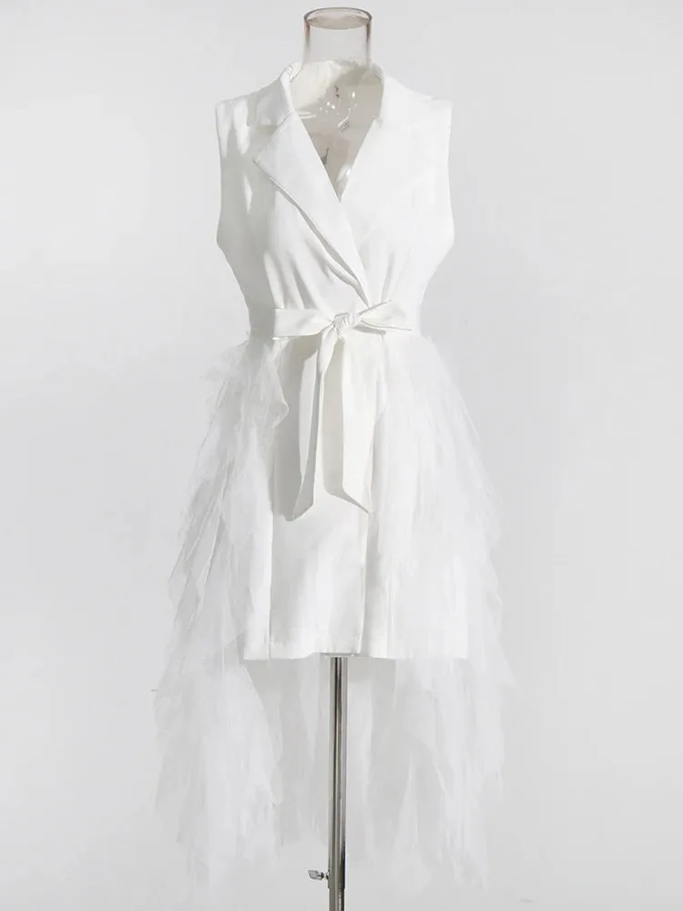 Tyla Notched Collar Sleeveless High Waist Patchwork Mesh Dress