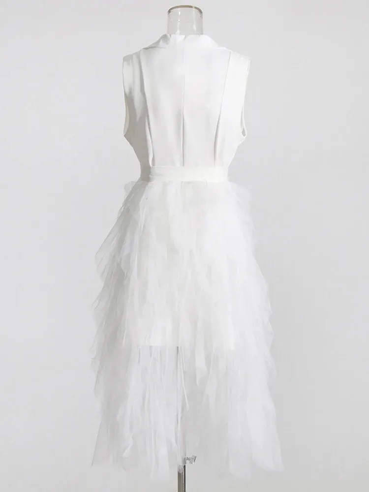 Tyla Notched Collar Sleeveless High Waist Patchwork Mesh Dress