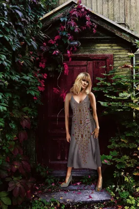 Vee Divergence- French Gothic V Neck Slip Dress in Lavender Steel | Le Leanian™