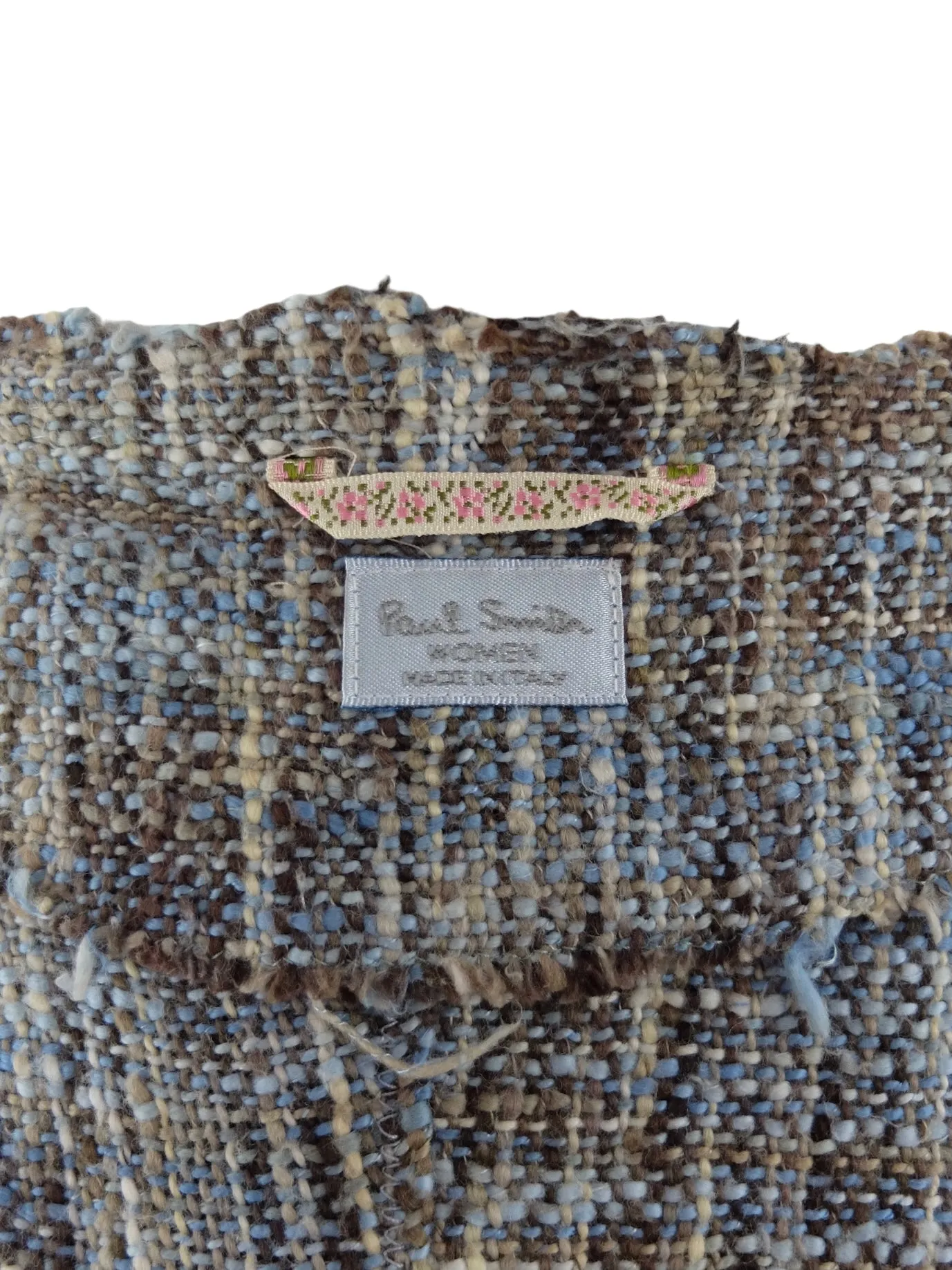Vintage 2000s Y2K Paul Smith Bohemian Chic Woven Pastel Blue & Brown Woven Long Duster Cardigan