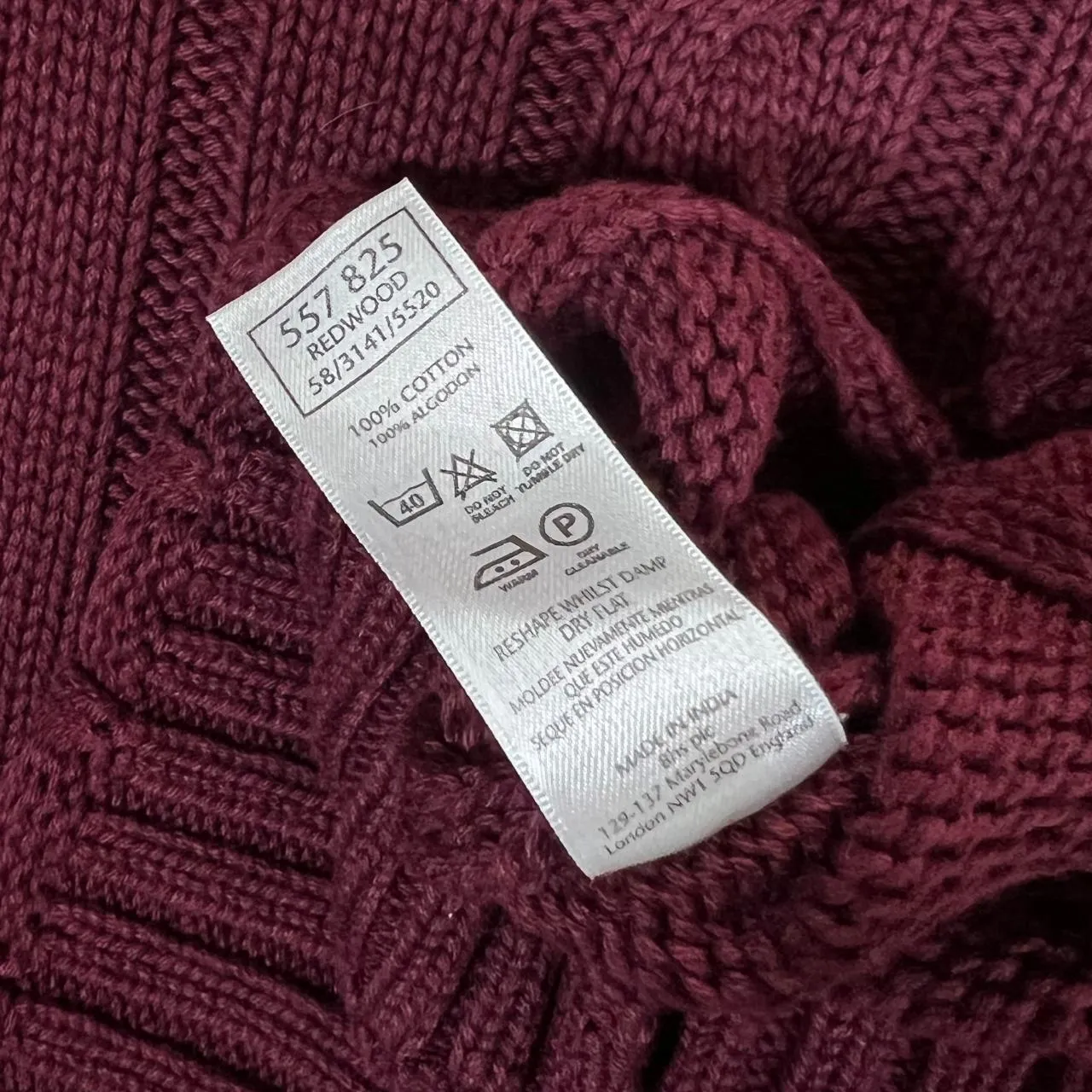 Vintage BHS Classic Burgundy Cable Knit Cotton Crewneck Sweater Jumper