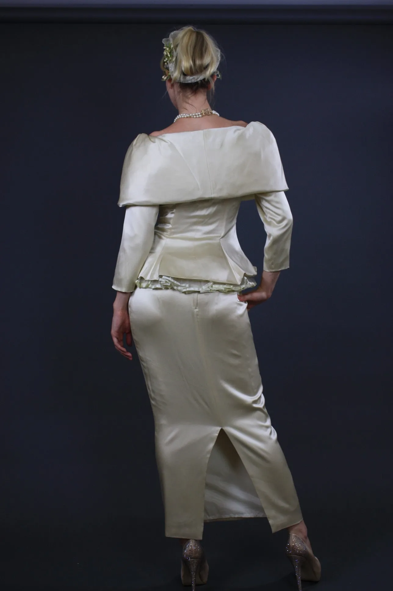 Vintage bridal 60s romantic silk off shoulder peplum silk satin wedding dress