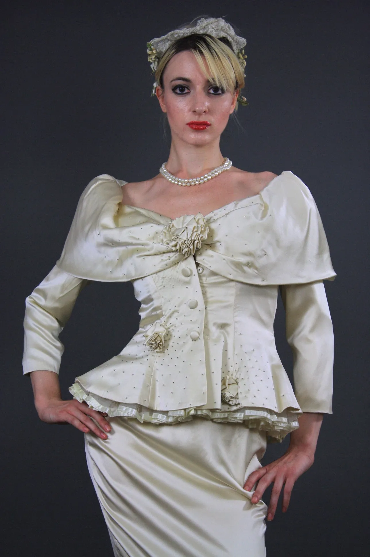 Vintage bridal 60s romantic silk off shoulder peplum silk satin wedding dress