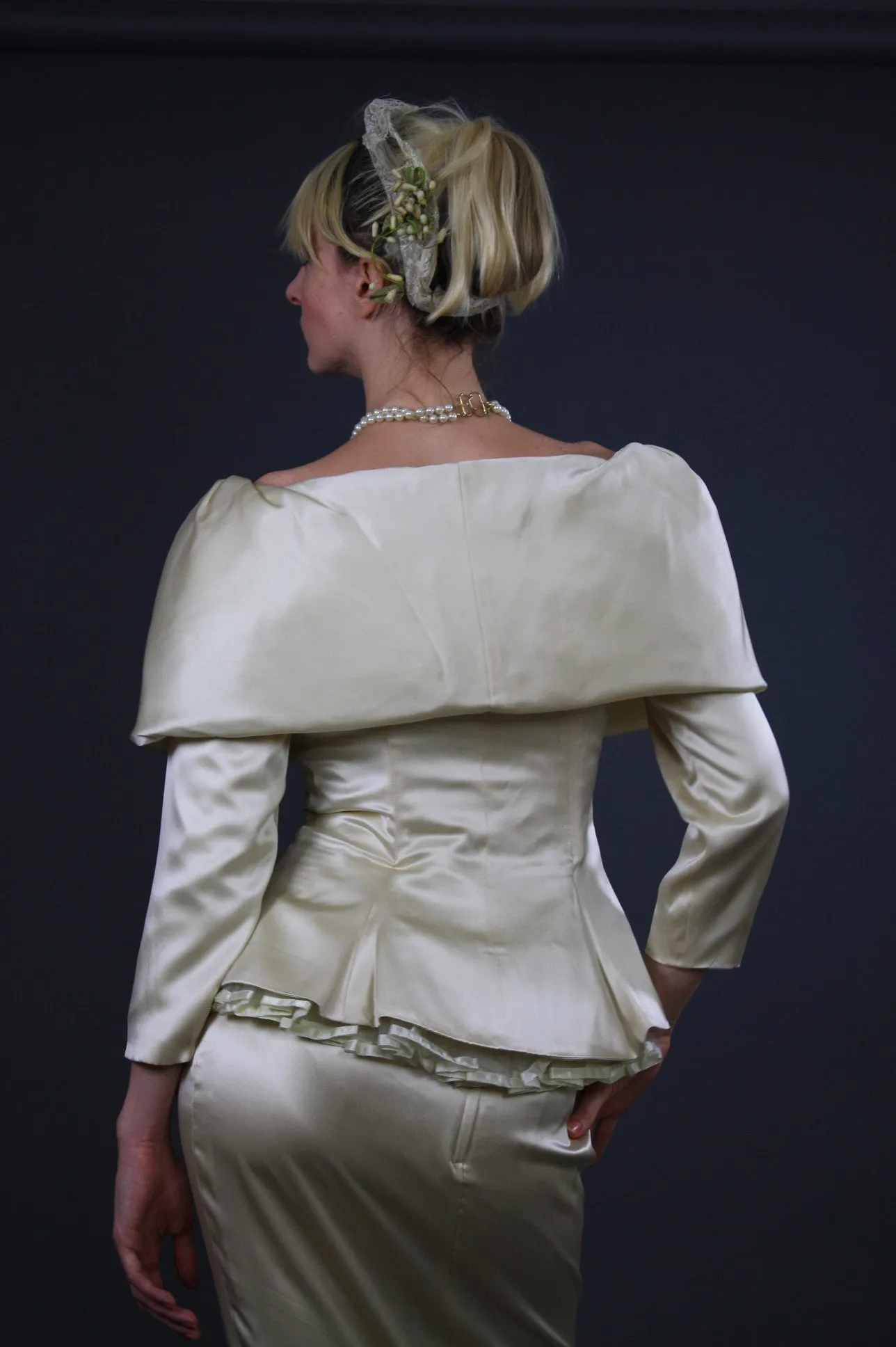 Vintage bridal 60s romantic silk off shoulder peplum silk satin wedding dress