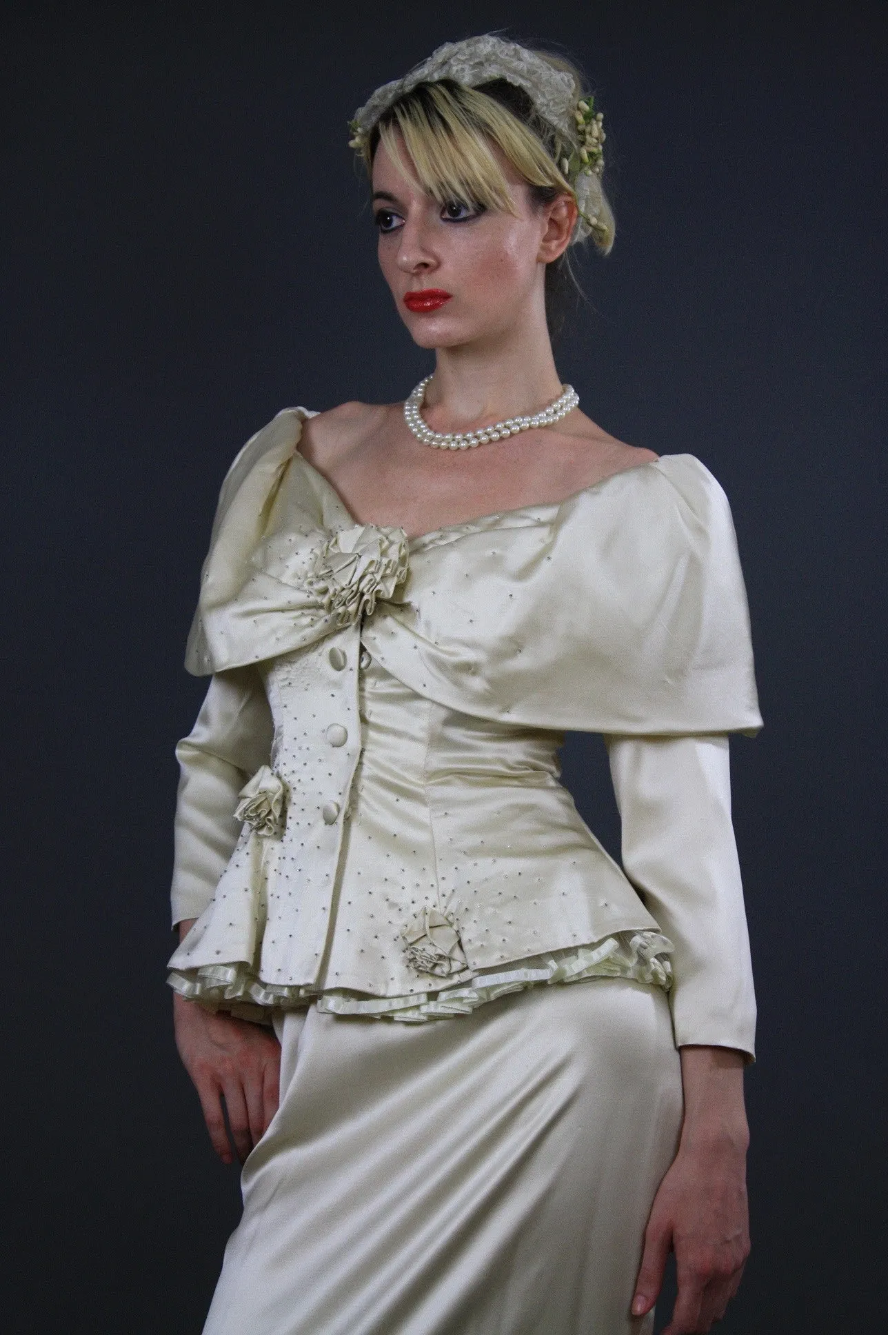 Vintage bridal 60s romantic silk off shoulder peplum silk satin wedding dress