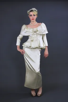 Vintage bridal 60s romantic silk off shoulder peplum silk satin wedding dress