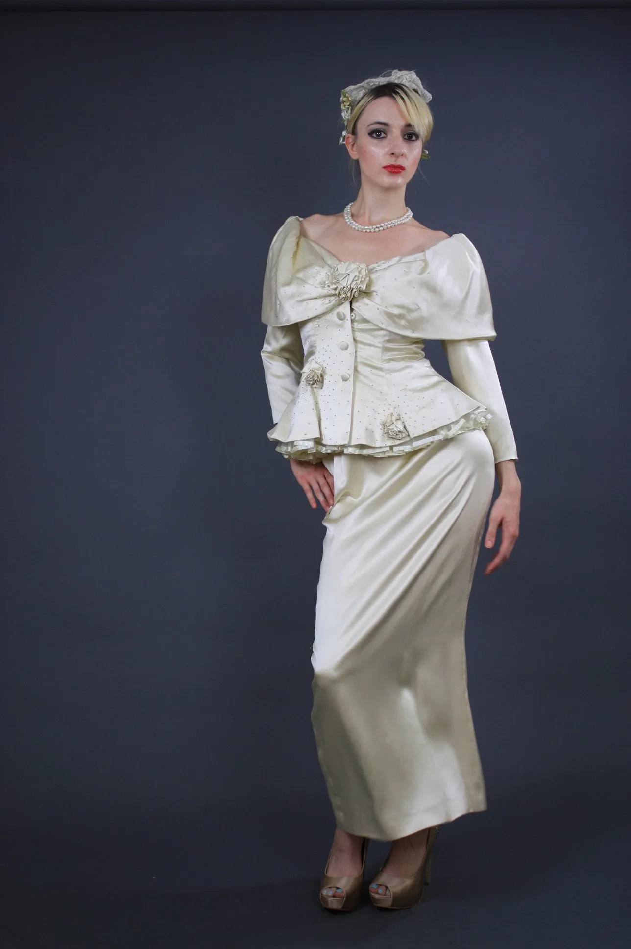 Vintage bridal 60s romantic silk off shoulder peplum silk satin wedding dress