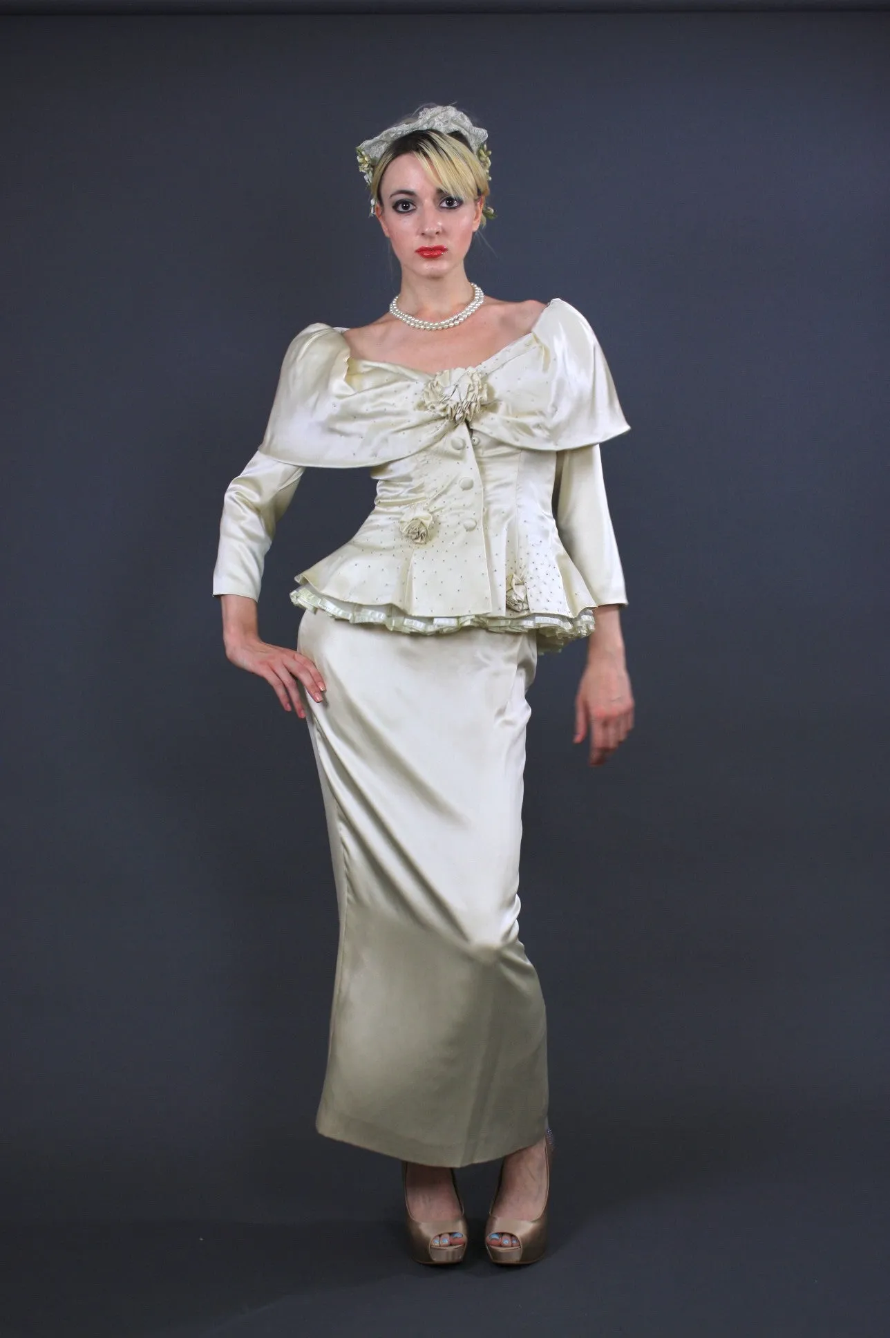 Vintage bridal 60s romantic silk off shoulder peplum silk satin wedding dress