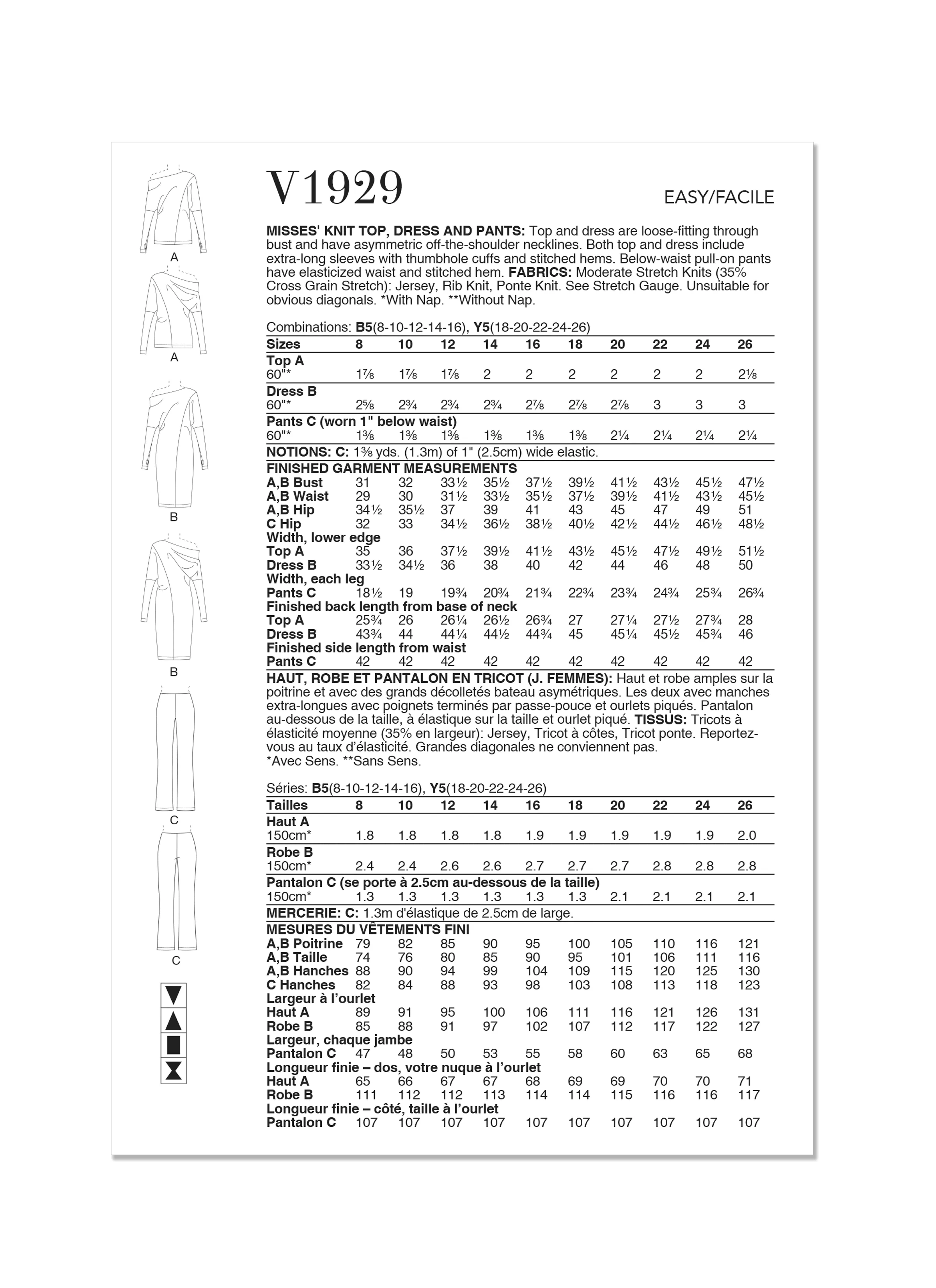Vogue Sewing Pattern 1929 Knit Top, Dress and Pants