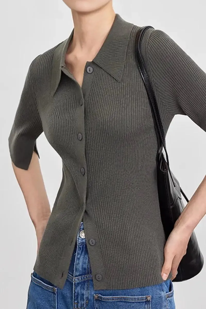 Washable Wool Blend Rib Knit Elbow Sleeve Polo Cardigan