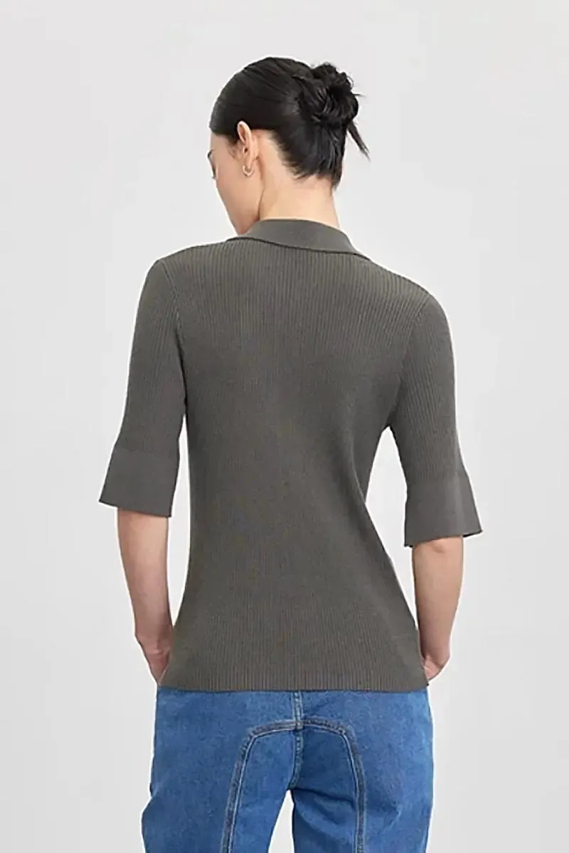 Washable Wool Blend Rib Knit Elbow Sleeve Polo Cardigan
